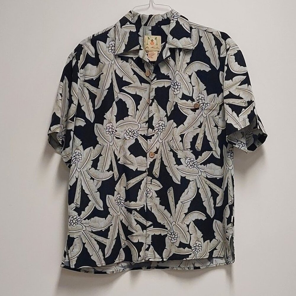 [VTG] 90’s Joe Marlin Black/Ivory Hawaiian Palm Tree Print “Camp” Shirt Size: M
